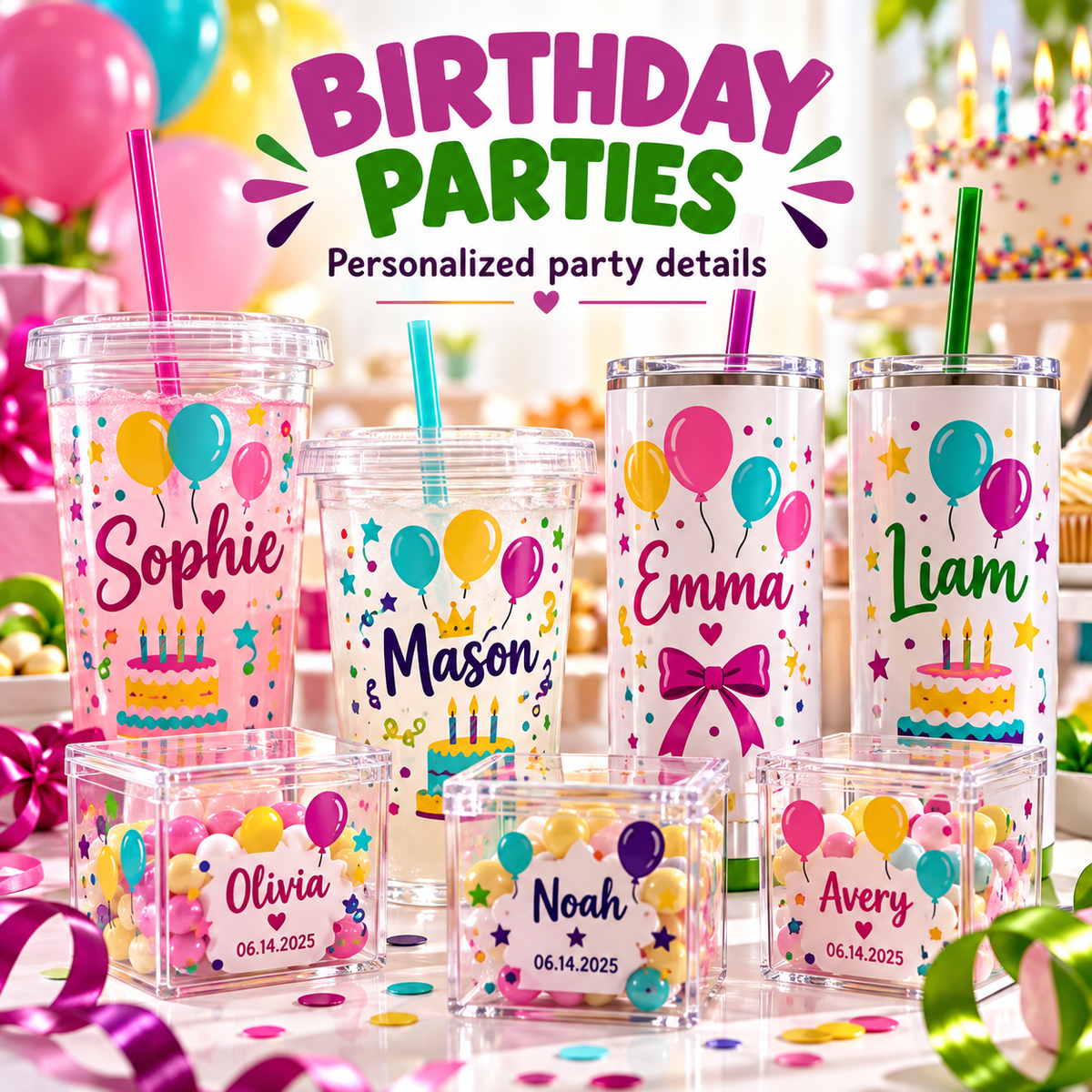 A collection of personalized birthday party supplies including clear plastic tumblers with colorful balloon and cake prints, matching clear square favor boxes, and colorful straws, displayed on a decorated party table with a large 'BIRTHDAY PARTIES' text overlay.