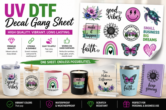A promotional collage for a UV DTF decal gang sheet, showing a large sheet of assorted printed stickers and graphics alongside several sample products including tumblers, mugs, a notebook, and a phone case. Text highlights high quality, vibrant colors, waterproof resistance, and endless possibilities.